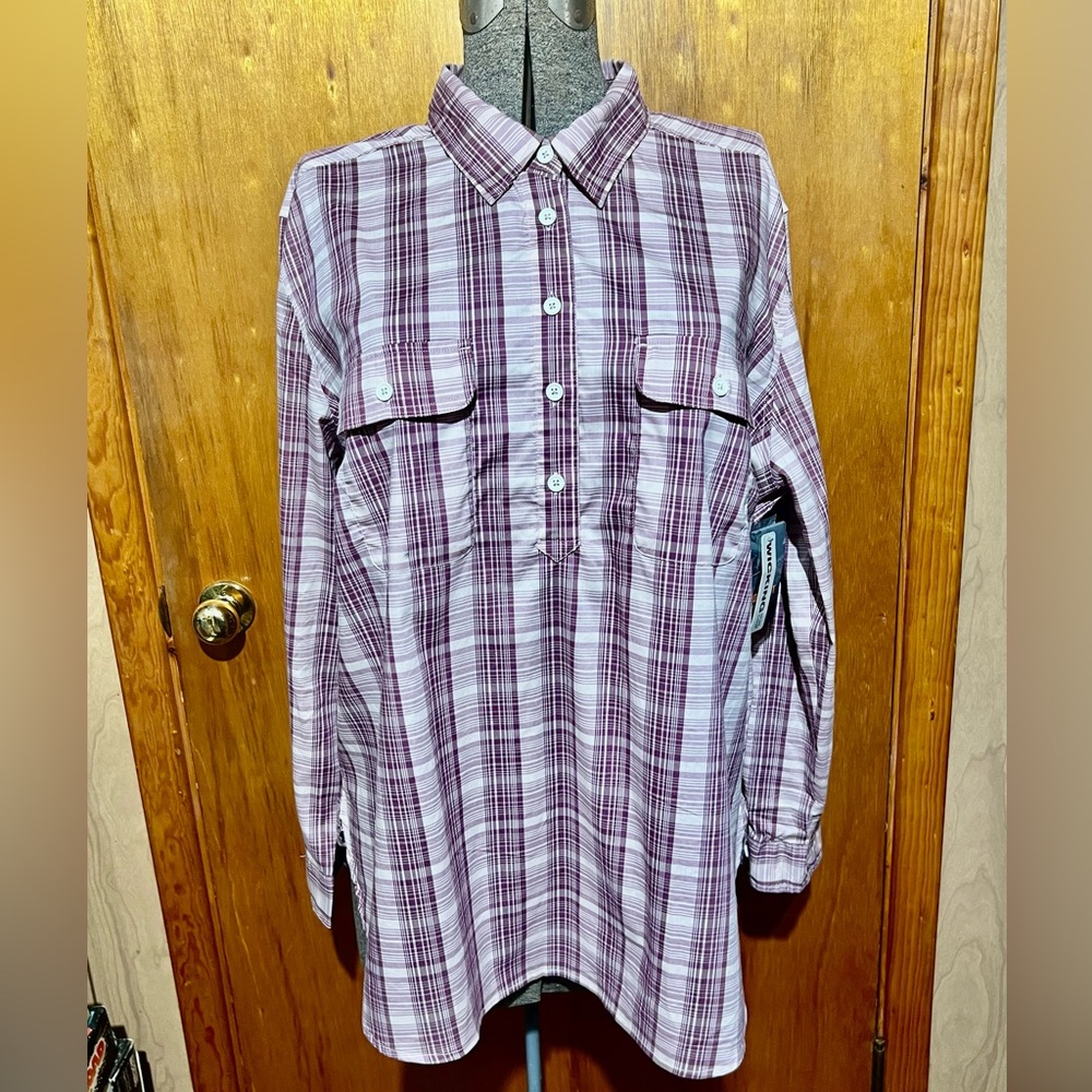 Women’s Five Button Shirt Wicking size 2XL Purple-burgundy Plaid NWT